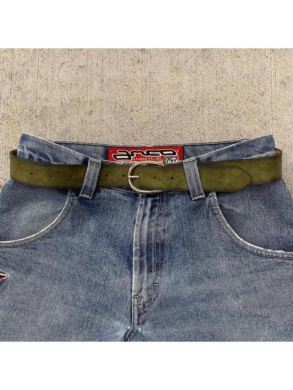 Faded Green leather belt with Gold oval belt buckle. Very cool unique belt. Y2k